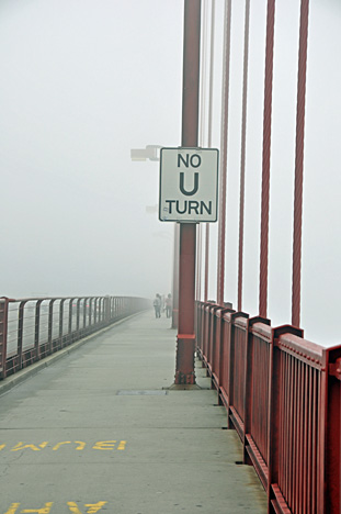 No U turn sign on Lee Duquette on the Golden Gate Bridge
